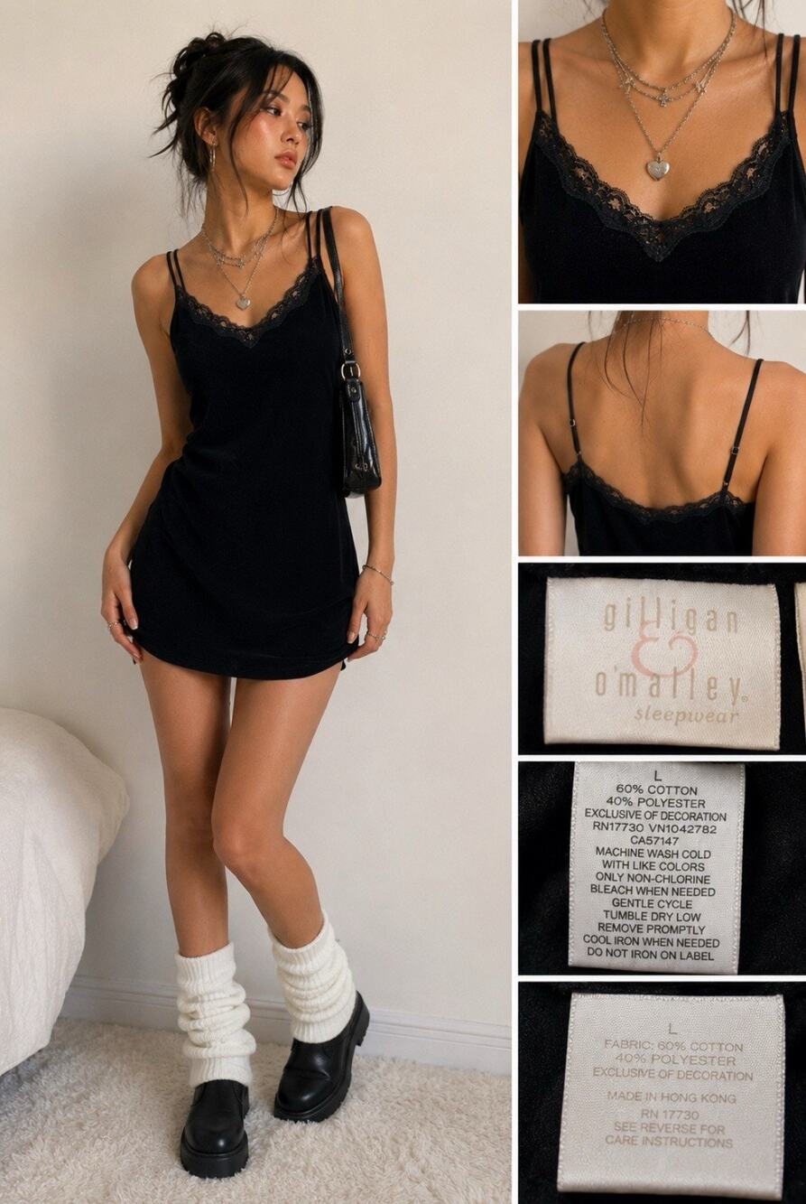 Y2K Indie Sleaze Gilligan & O'Malley Lace Trim Slip Dress Size L Black Sleepwear
